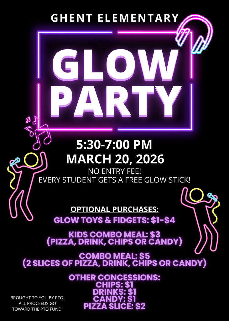 Glow Party Flyer: March 20 from 5:30-7:00pm. No entry fee. Concessions and glow items will be for sale.