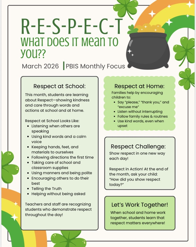 page decorated with clovers and rainbows with information enclosed in boxes about the monthly pbis focus trait respect 