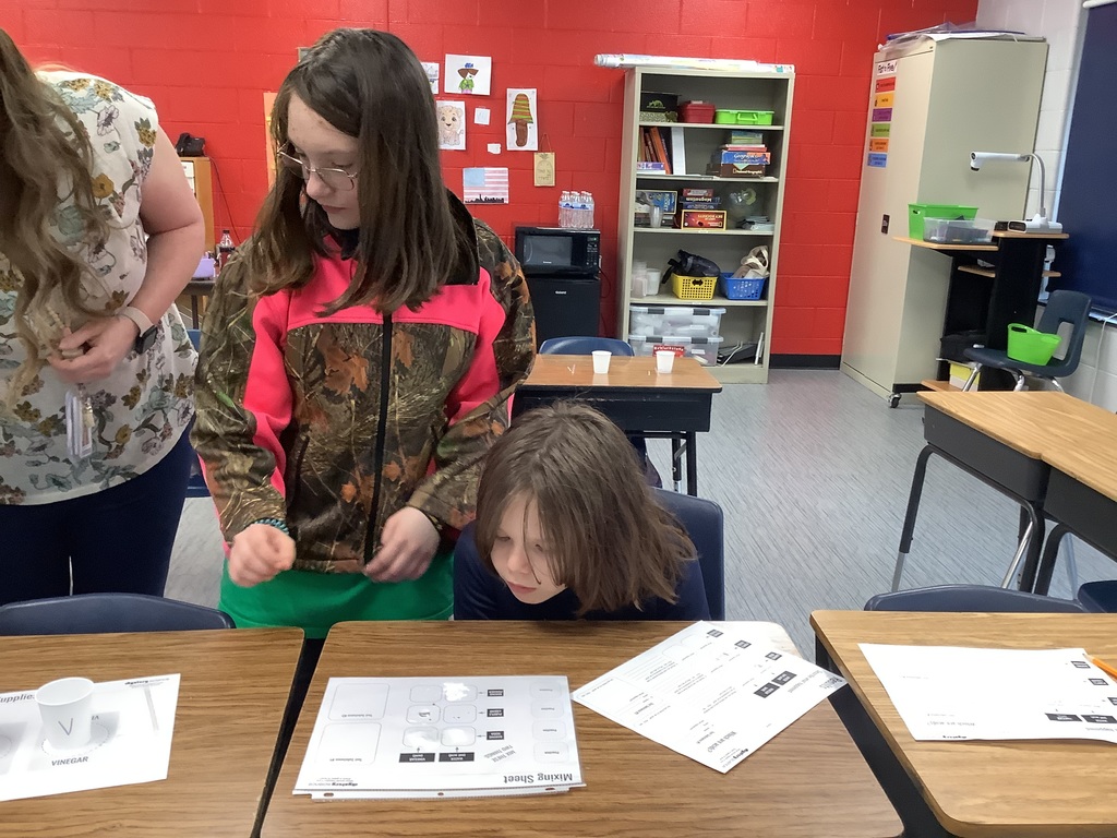 Two students are looking at their experiments on chemical reactions. 