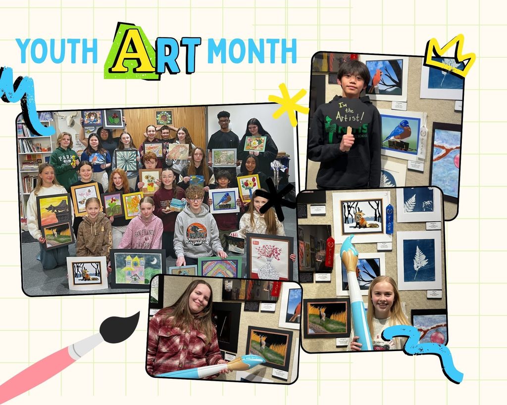 Photos of Youth Art Month Show entries and students