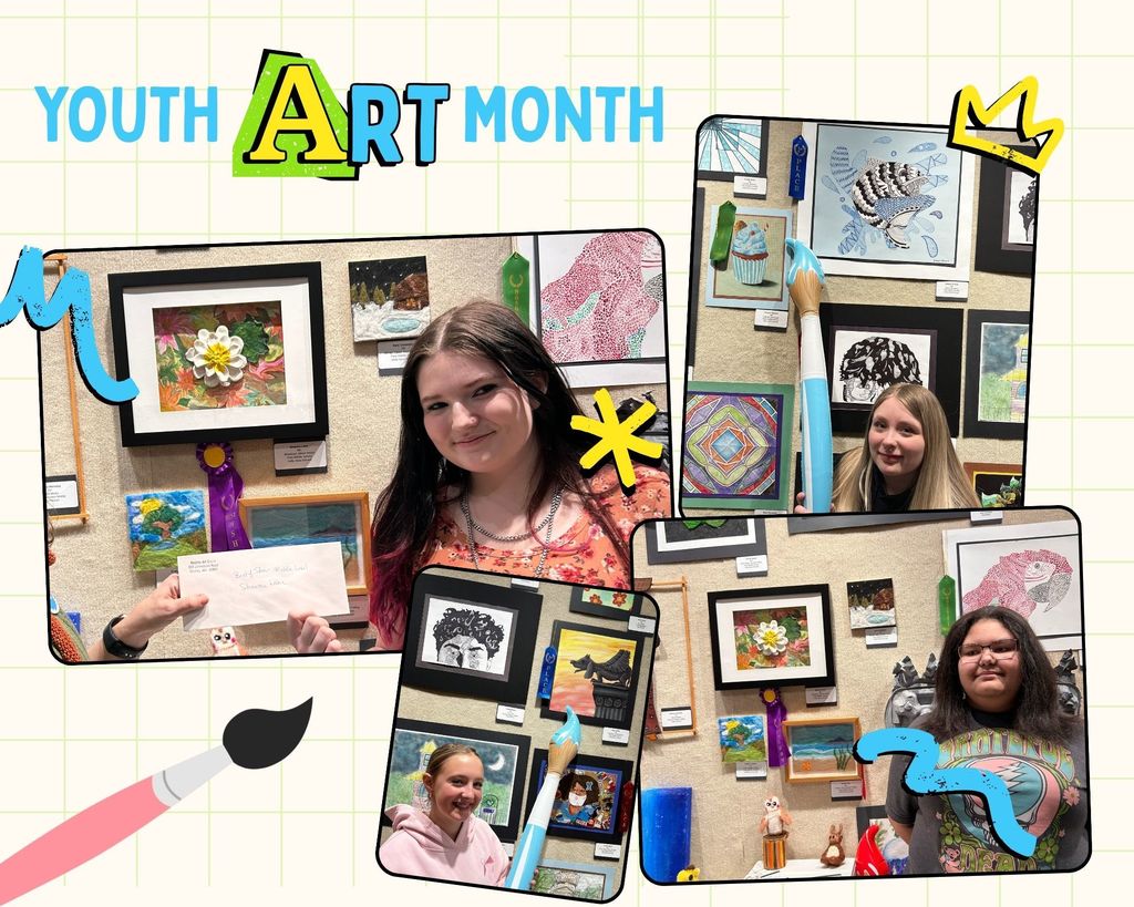Photos of Youth Art Month Show entries and students