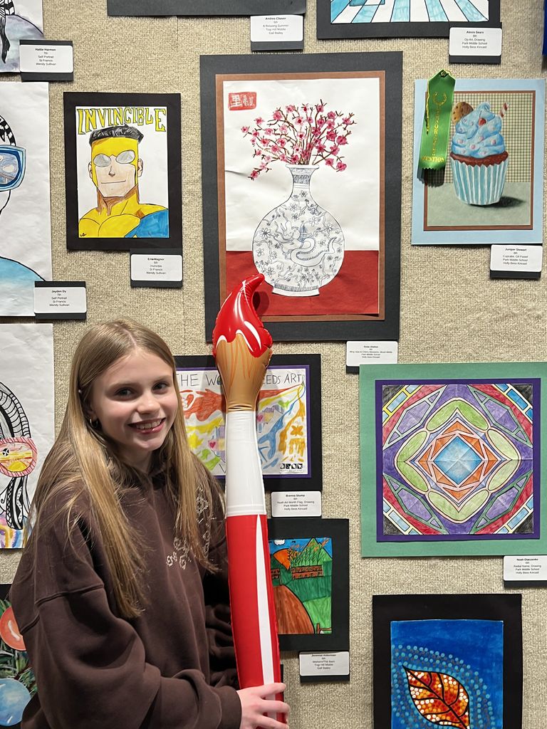 Photos of Youth Art Month Show entries and students
