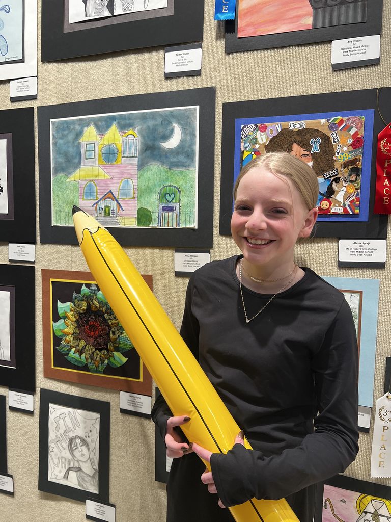 Photos of Youth Art Month Show entries and students