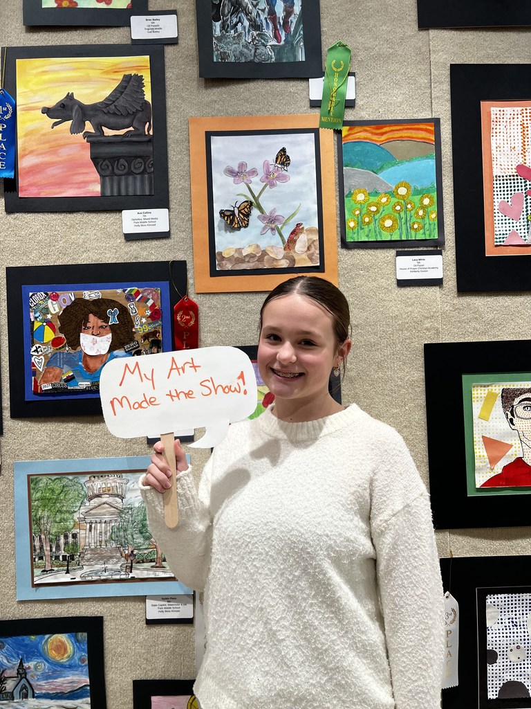 Photos of Youth Art Month Show entries and students