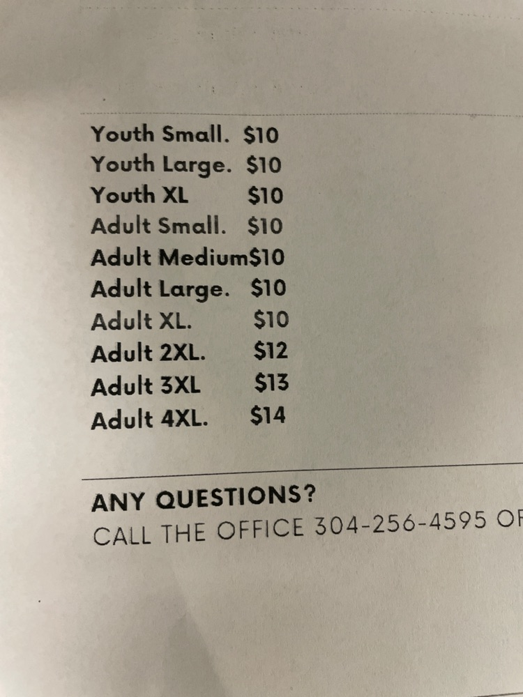 shirt prices for tshirts $10 for child and adult, 2x $12