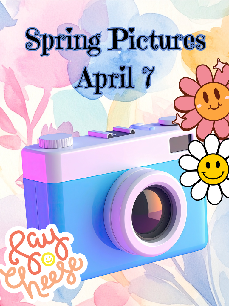Spring pictures are April 7. There are two smiling flowers that are pink and white. There is a purple camera. The background is light pink, blue, green and orange flowers.