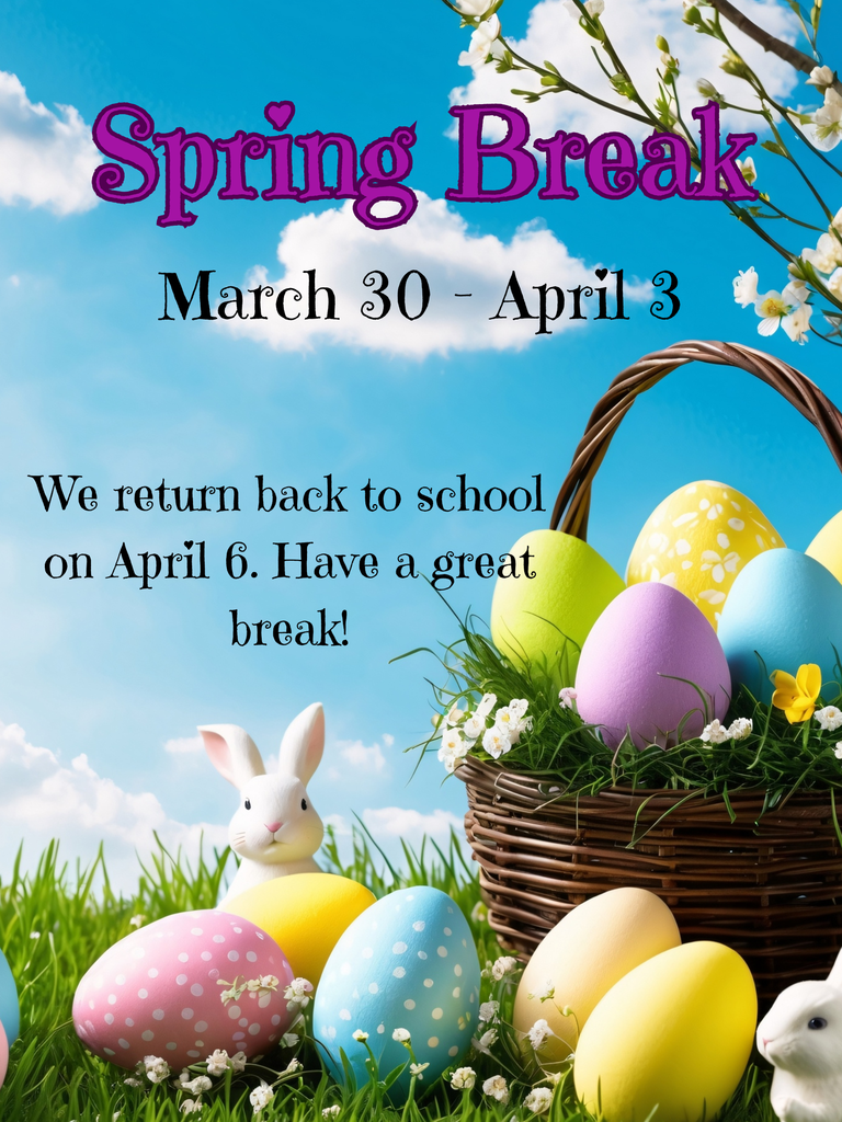 Spring picture with easter basket, easter eggs, and white rabbits. 