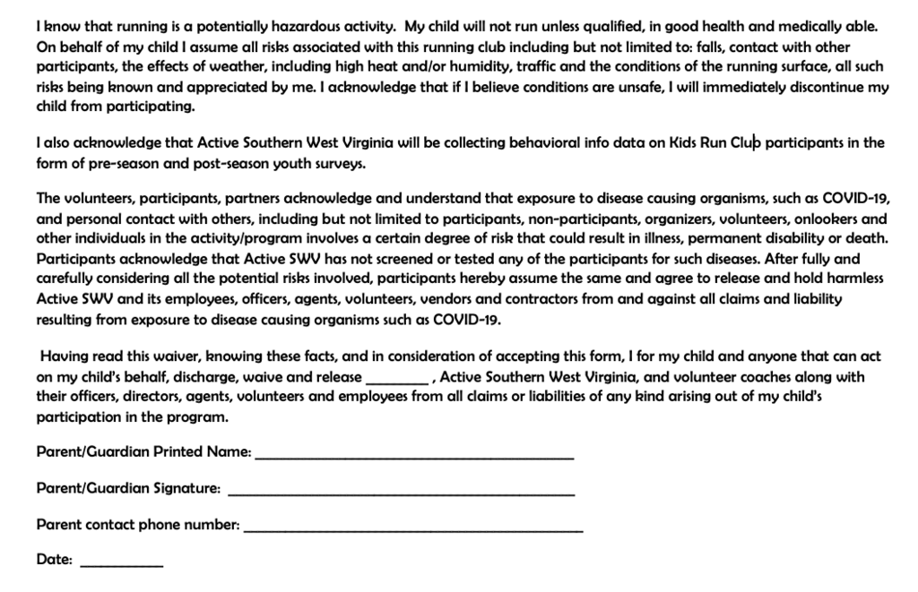 Active SWV Run Club Application for Stratton Elementary School, Sign page and return to apply