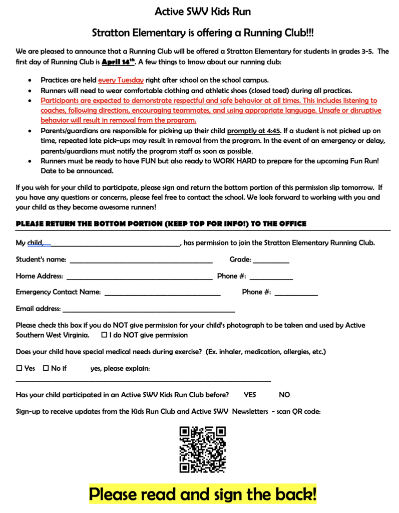 Active SWV Run Club Application for Stratton Elementary School, QR Code to scan for updates