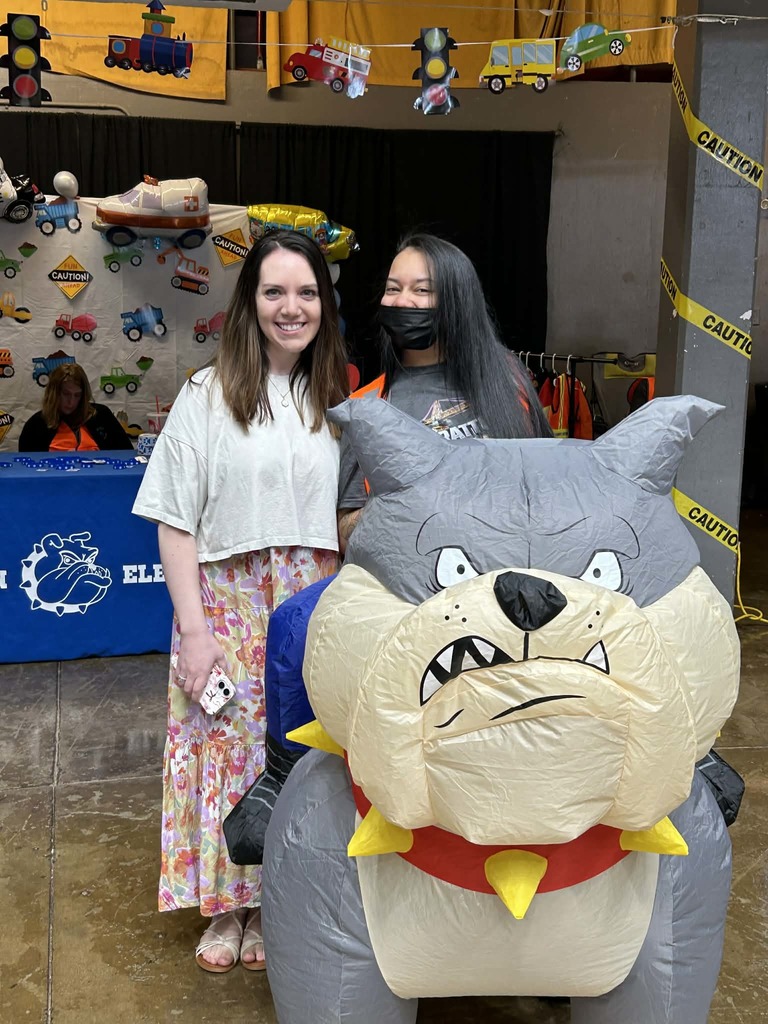 Teacher's Aide in Bulldog Costume with Community in Schools Liaison at Pre-K Expo
