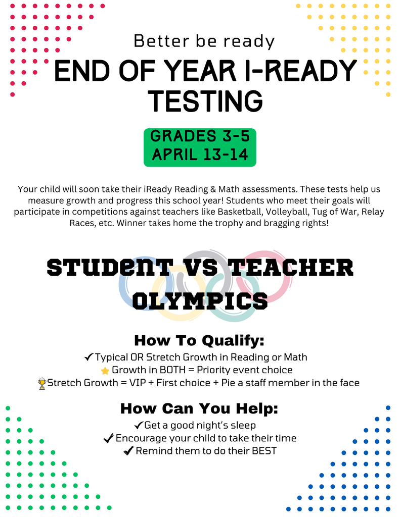 End of Year iReady Testing Incentive - Students vs. Teachers (Grades 3-5) April 13-14