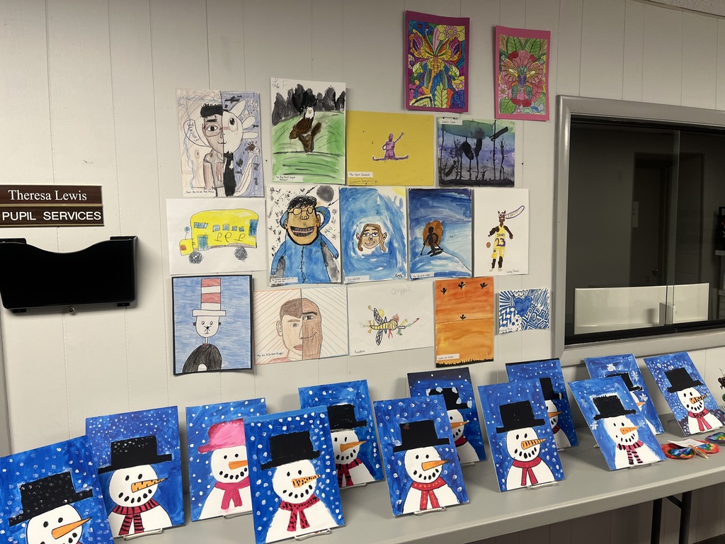 Stanaford student art showcased at Board of Education Night of the Arts, Monday, April 13, 2026. Snowman and various drawings and paintings created with help from ArtCart.