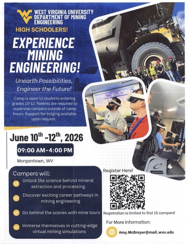 WVU Mining Engineering Camp June 10 - 12 in Morgantown. 