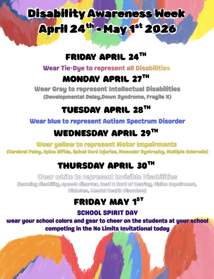 Disability awareness week. April 24th-May 1st, Friday wear tie-Dye, Monday wear gray, Tuesday wear blue, Wednesday wear yellow, Thursday wear white, Friday wear your school colors