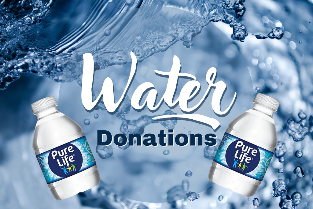 Water donations flyer with 2 small bottles of water