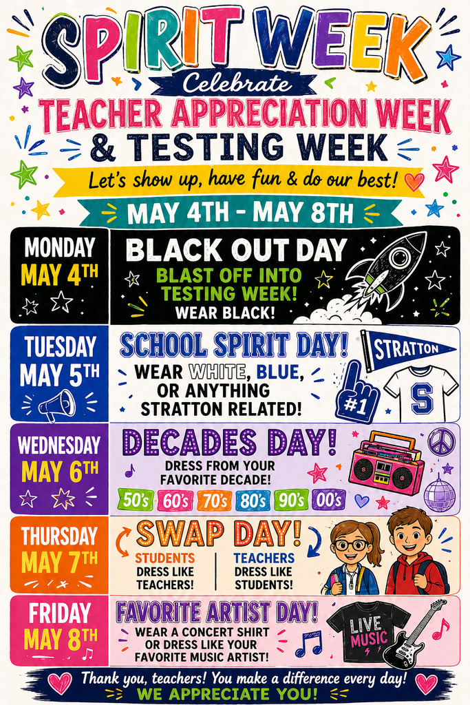 Spirit Week Celebrating Teacher Appreciation Week and Testing Week - Dress Up Days Listed