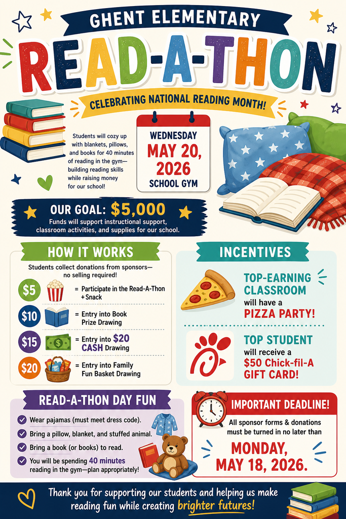 GES Read-A-Thon is May 20 during the school day. Wear school-appropriate pajamas and bring a pillow, blanket, and stuffed animal.