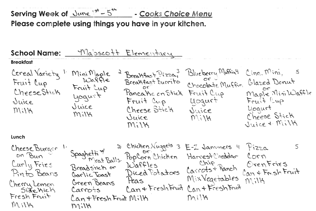 Alt text: A black-and-white photo of a handwritten school meal form titled “Serving Week of June 1st–5th – Cooks Choice Menu.” The form says, “Please complete using things you have in your kitchen.” The school name written on the form is “Mabscott Elementary.” The menu is divided into breakfast and lunch sections for each weekday.  Breakfast:  * Monday, June 1: Cereal variety, fruit cup, cheese stick, juice, and milk. * Tuesday, June 2: Mini maple waffle, fruit cup, yogurt, juice, and milk. * Wednesday, June 3: Breakfast pizza, breakfast burrito, or pancake on a stick, fruit cup, cheese stick, juice, and milk. * Thursday, June 4: Blueberry muffin or chocolate muffin, fruit cup, yogurt, juice, and milk. * Friday, June 5: Cinnamon mini glazed donut or maple mini waffle, fruit cup, yogurt, cheese stick, juice, and milk.  Lunch:  * Monday, June 1: Cheeseburger on bun, curly fries, pinto beans, cherry lemon sidekick, fresh fruit, and milk. * Tuesday, June 2: Spaghetti with meatballs, breadstick or garlic toast, green beans, carrots, canned and fresh fruit, and milk. * Wednesday, June 3: Chicken nuggets or popcorn chicken, waffles, diced potatoes, peas, canned and fresh fruit, and milk. * Thursday, June 4: E-Z Jammers, harvest cheddar chips, carrots with ranch, mixed vegetables, canned and fresh fruit, and milk. * Friday, June 5: Pizza, corn, oven fries, canned and fresh fruit, and milk.