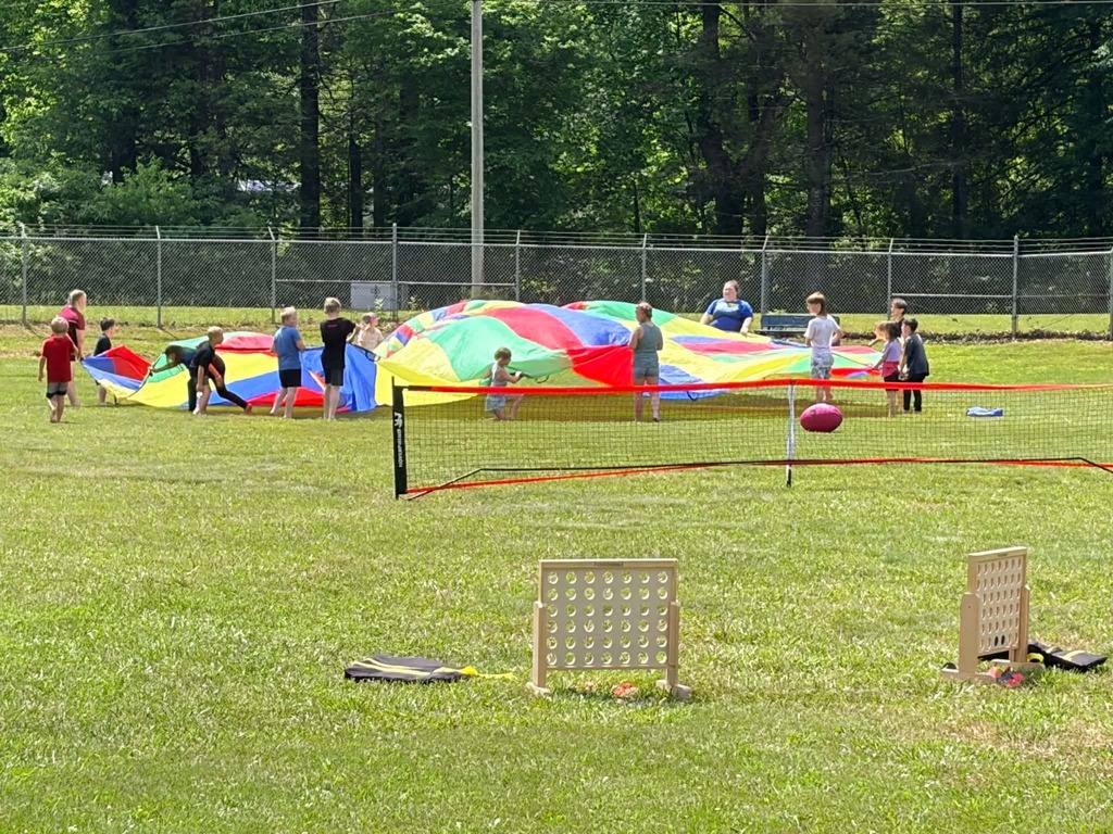 Cubs playing in the field with the parachute. 