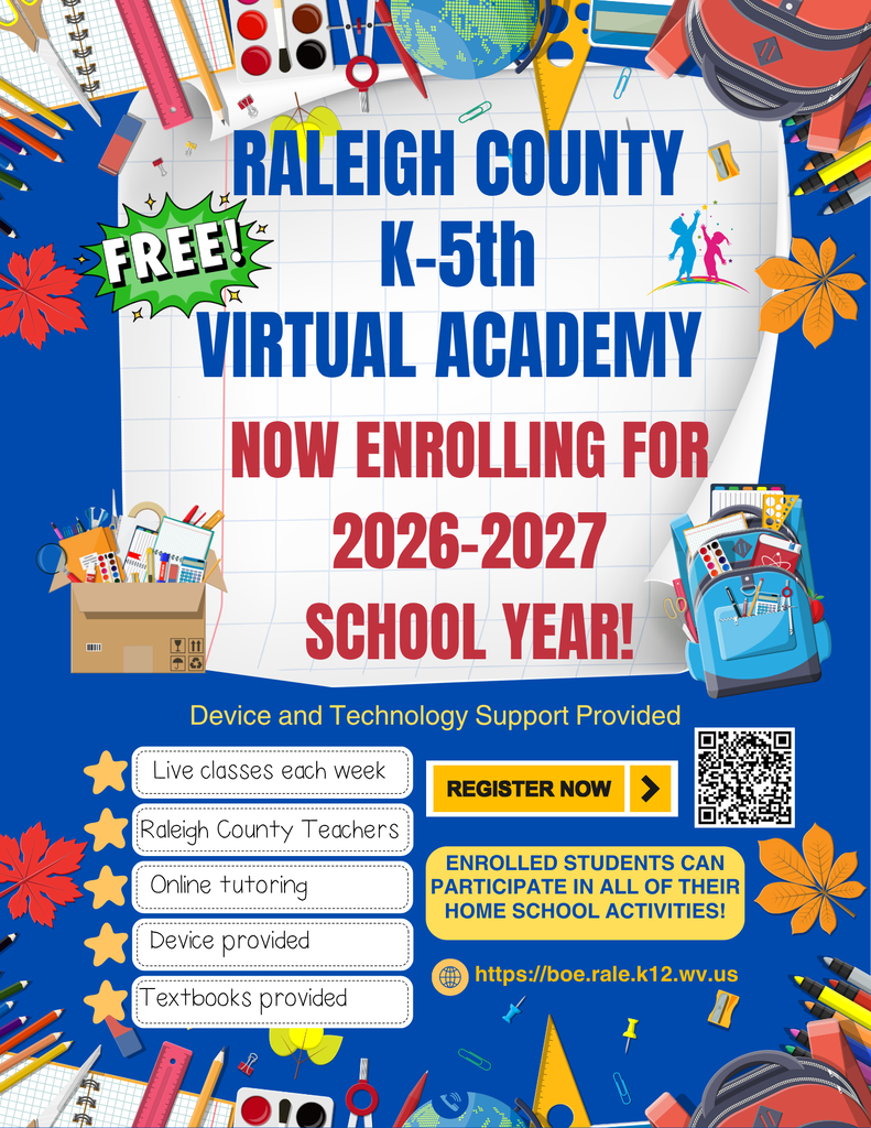 An advertisement for the Raleigh County K-5th Virtual Academy. It includes icons of a globe, book, backpack, and school supplies.