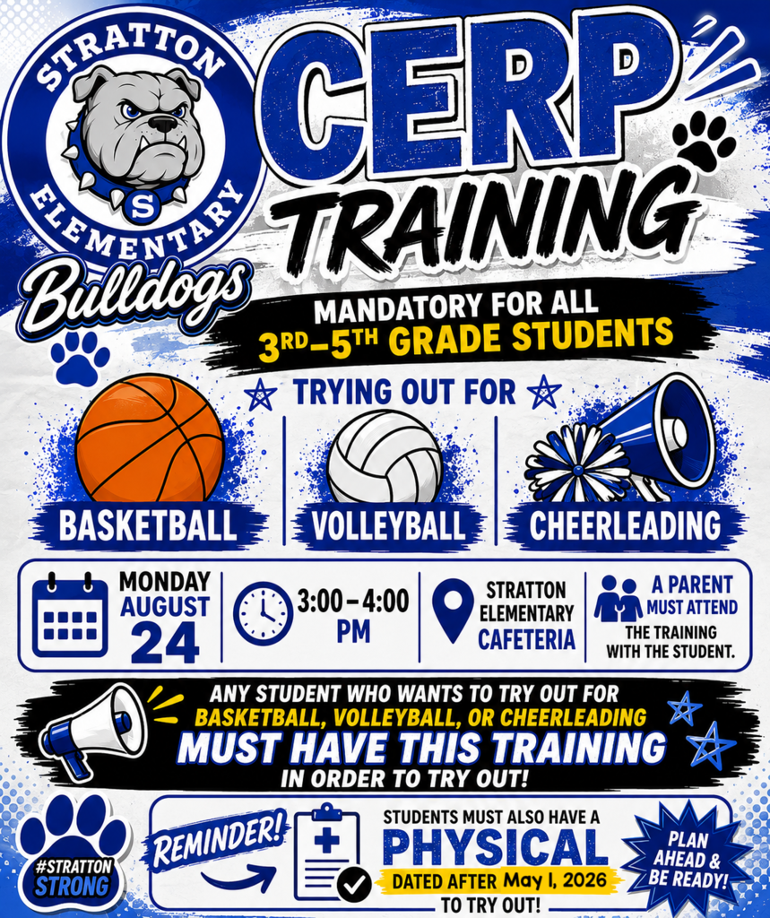 CERP Training Flyer for Stratton Elementary, August 24th from 3-4, Students must come with a parent. 