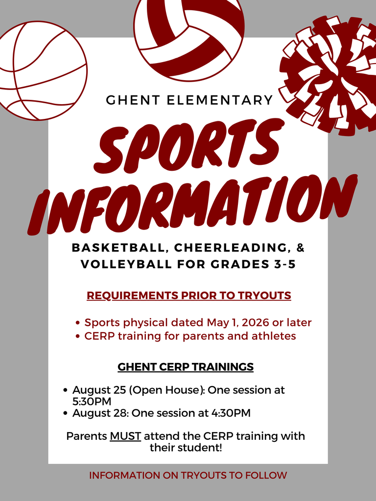 A poster for Ghent Elementary sports information about basketball, cheerleading, and volleyball. Details about tryouts and CERP training.