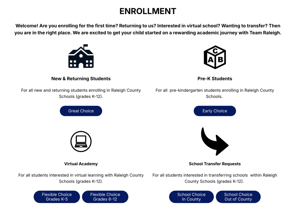 A page with four categories: New and Returning Students, Pre-K Students, Virtual Academy, School Transfer Requests. Icons and text provide enrollment information.