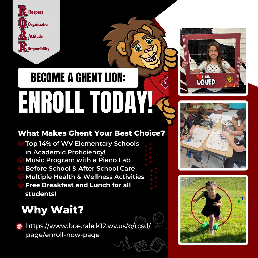 Advertisement poster with a lion mascot, various images of students, and text encouraging enrollment at Ghent Elementary Schools.