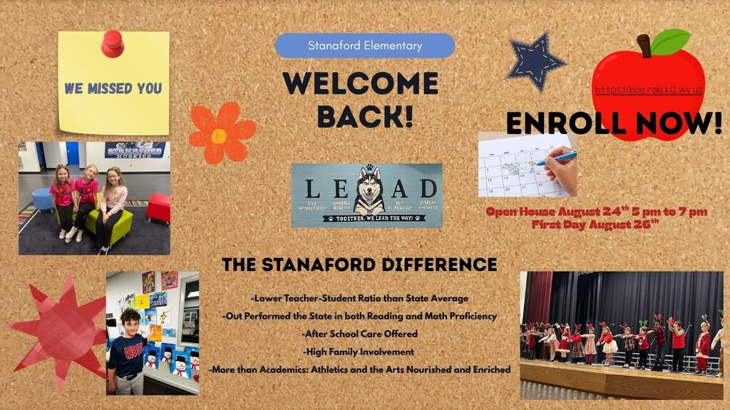 Brown background with multiple photos and text. Photos include a classroom, students, and a school logo.