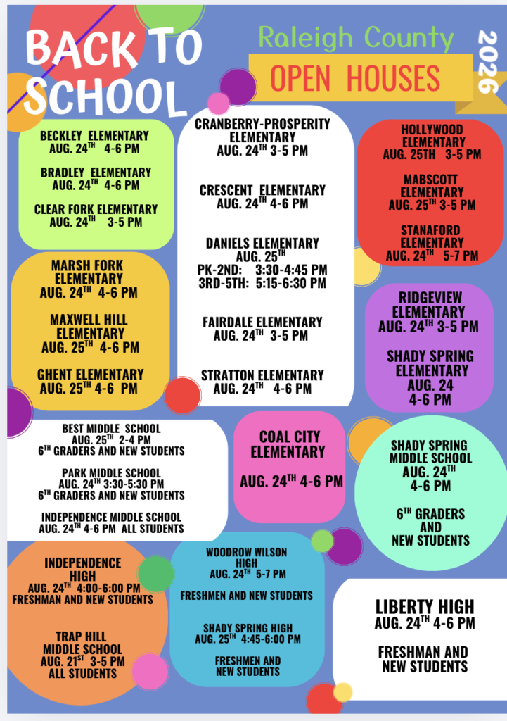 Multicolored banner with a grid of schools and dates. Titles include "BACK TO SCHOOL" and "Raleigh County OPEN HOUSES 2023".