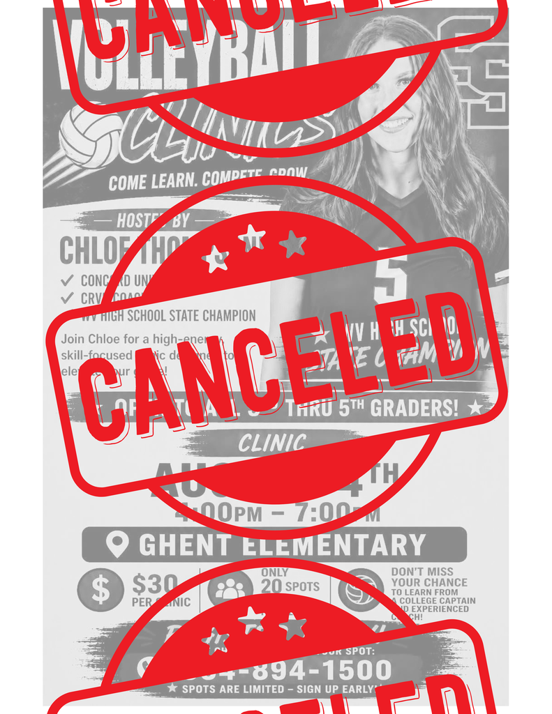 A flyer with the text "CANCELED" in red, advertising a volleyball clinic by Chloe, a high school state champion.
