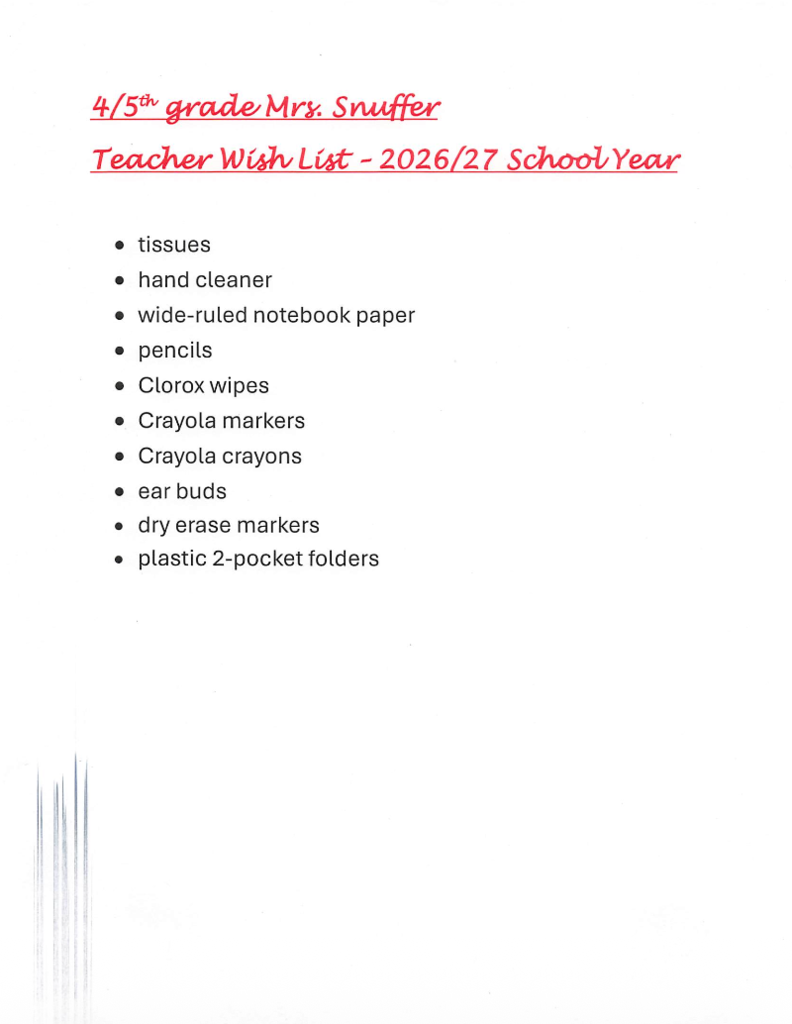 Document titled "4/5th grade Mrs. Snuffer Teacher Wish List - 2026/27 School Year" lists items such as tissues, hand cleaner, and markers.