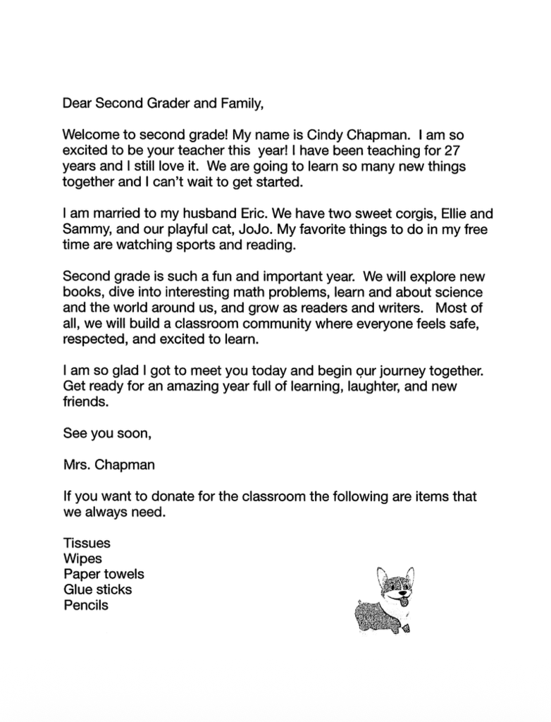 A formal letter from a teacher introduces herself, shares personal details, and lists needed classroom supplies.