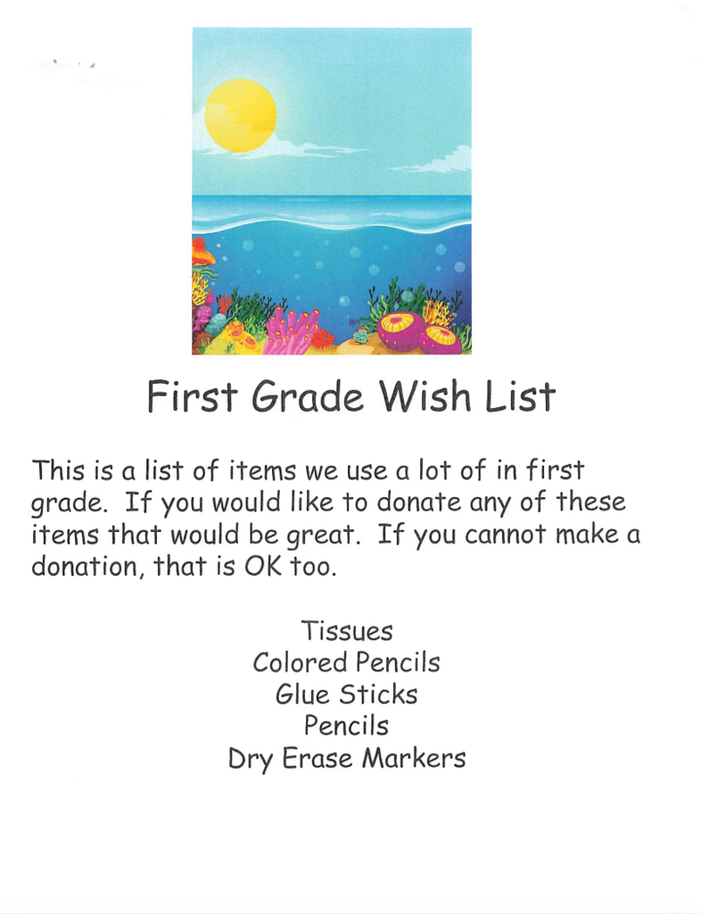 A list of first-grade supplies is displayed with a sunny ocean scene in the background.