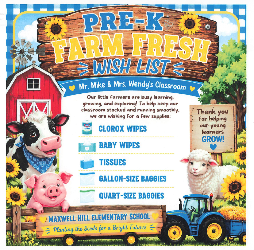 A poster with a farm theme lists requested items like Clorox Wipes and baby wipes. It includes farm animals.