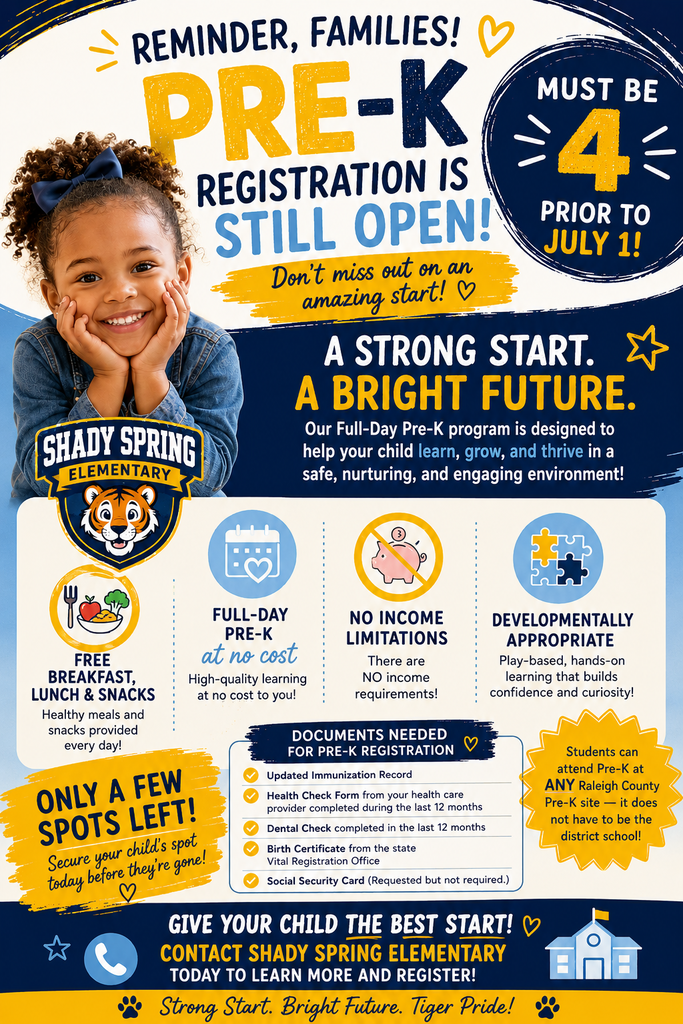 Poster for pre-K registration, featuring a smiling child. It highlights free breakfast, no income requirements, and developmental support. Deadline is July 1.