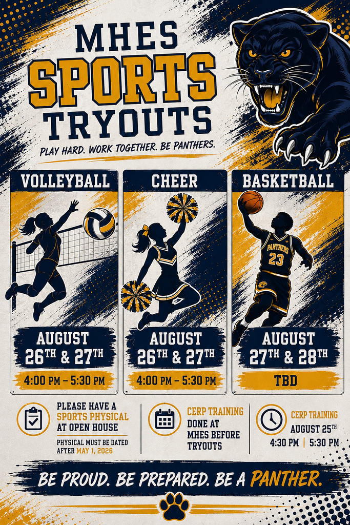 Black panther head on dark background. Sports activities including volleyball, cheerleading and basketball. Dates and times.