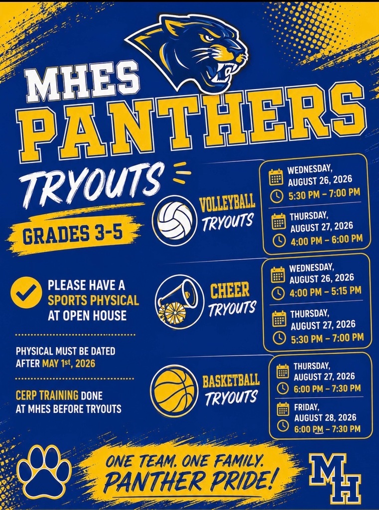 Blue and yellow sports event flyer for MHES Panthers. Details include dates, times, and locations for volleyball, cheer, and basketball tryouts for grades 3 to 5.