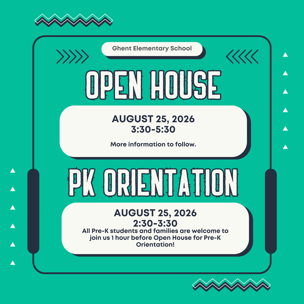 Teal background with white text. Two events listed. "Open House" on August 25, 2026, from 3:30-5:30 pm. "PK Orientation" on August 25, 2026, from 2:30-3:30 pm.