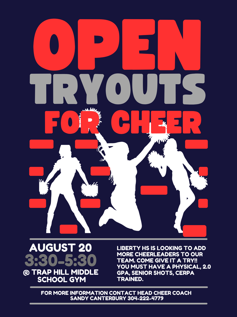 Blue poster with white text. Red letters spell "OPEN TRYOUTS FOR CHEER". White silhouettes of cheerleaders jumping. Date: August 20, Time: 3:30-5:30. Location: Trap Hill Middle School Gym.