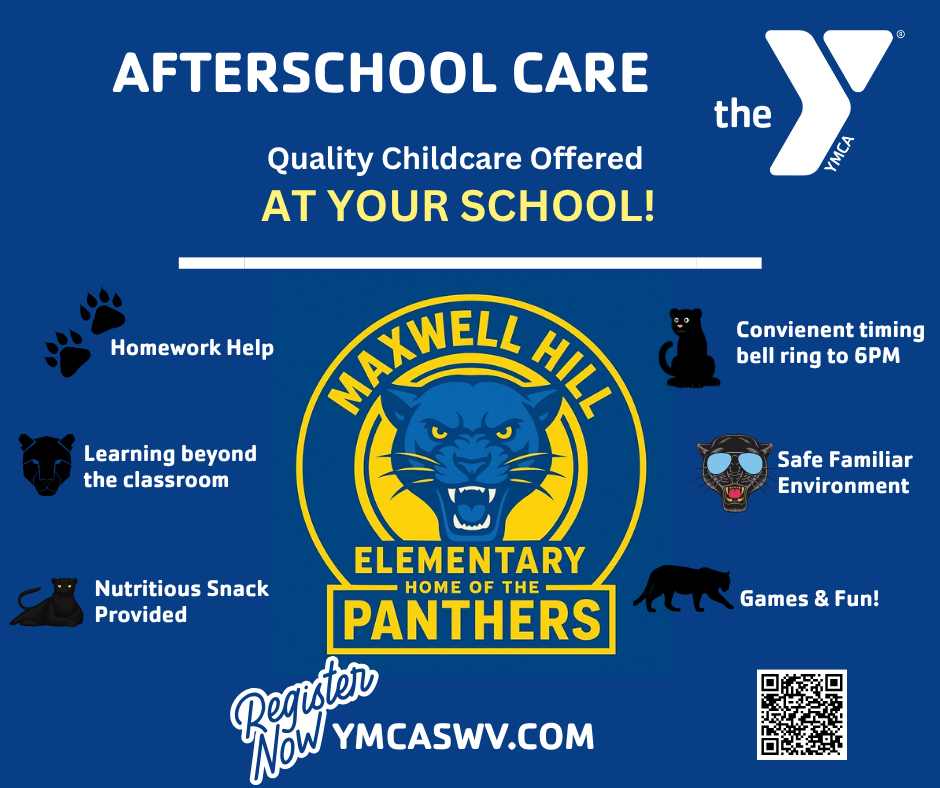 Blue background with text: Afterschool Care at Maxwell Hill Elementary, Panthers logo, and icons for homework help, learning, snack, and games.