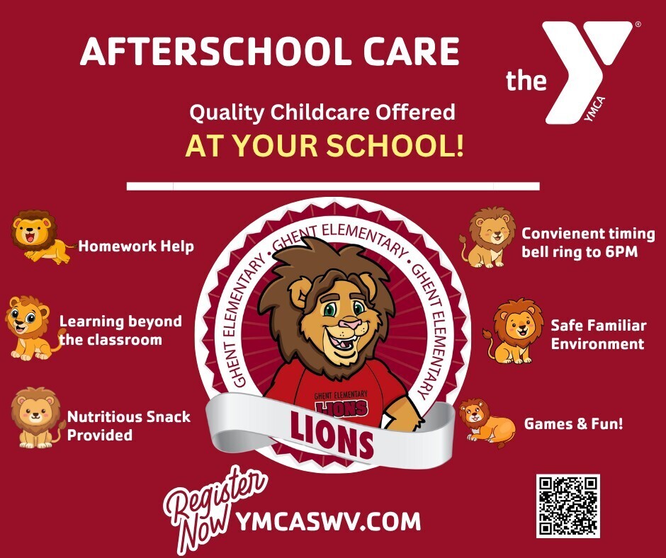 A poster with a red background. A lion icon is in the center. Text reads "Afterschool Care" and "Quality Childcare Offered at Your School!"