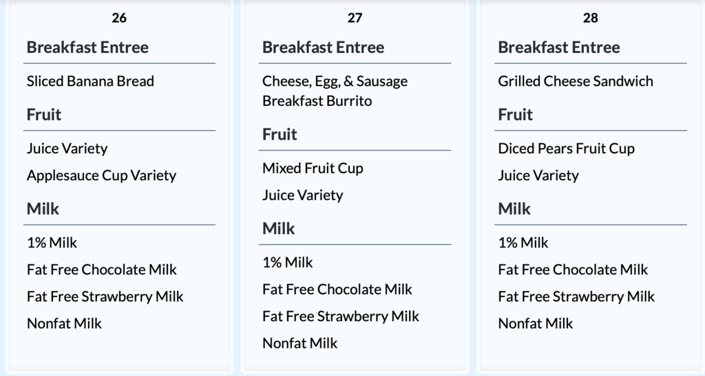 A table comparing breakfast entrees, fruits, and milk options for three days, set against a plain background.