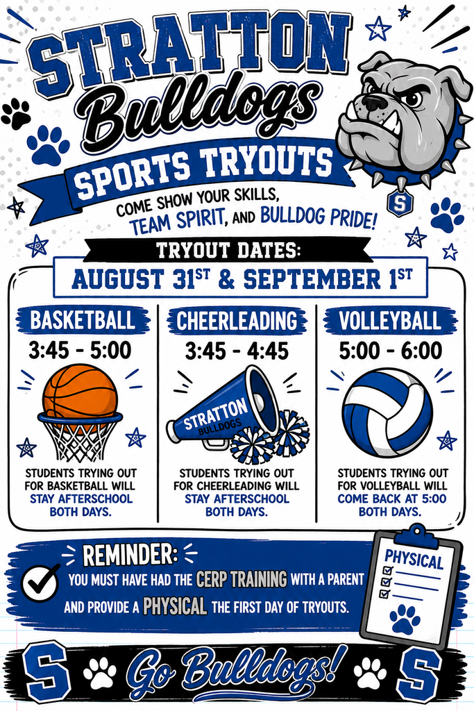 Stratton Bulldogs Sports Tryout Information with dates and times listed