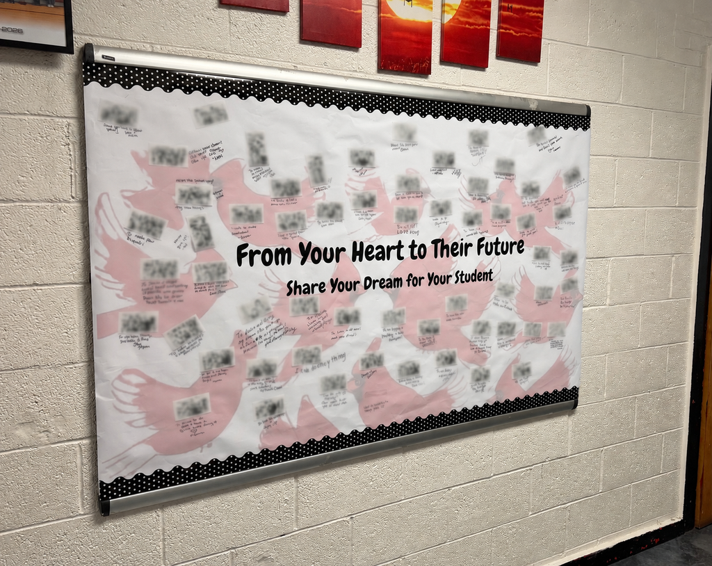 A bulletin board displays a message and handprints on a white background. It reads "From Your Heart to Their Future."