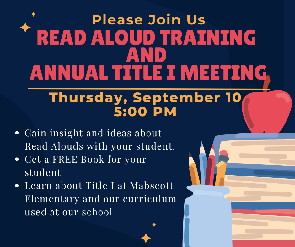 Blue background with white stars. "Read Aloud Training and Annual Title I Meeting" text. Apple, books, and pencils on a desk.