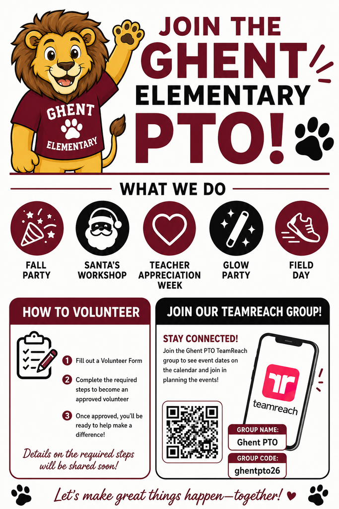 An advertisement for the Ghent Elementary PTO with a lion wearing a red shirt. Information about how to volunteer and icons for events.