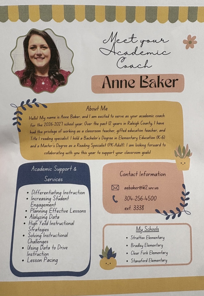 A white page displays a name, Anne Baker, and a photo of a woman. Below it, there are sections with headings "Academic Support & Services" and "Contact Information."