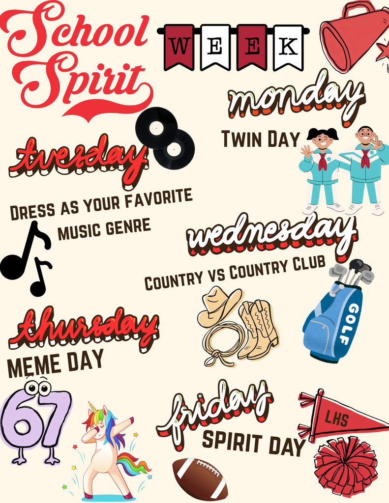 Icons with themes for each day of the week. The theme for Monday is Twin Day, Tuesday is Dress as Your Favorite Music Genre, Wednesday is Country vs Country Club, Thursday is Meme Day, and Friday is Spirit Day.