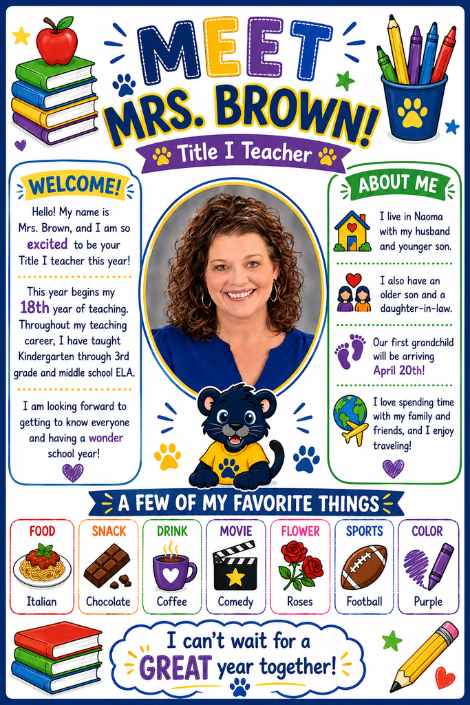A poster introduces Mrs. Brown, a teacher. Her photo shows her smiling, wearing a blue shirt. Icons depict her interests: food, snack, drink, movie, flower, sports, color. Background includes books, pencils, and a globe.